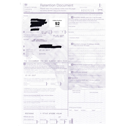 92 - Private car registration H3 LBA - Held on retention certificate