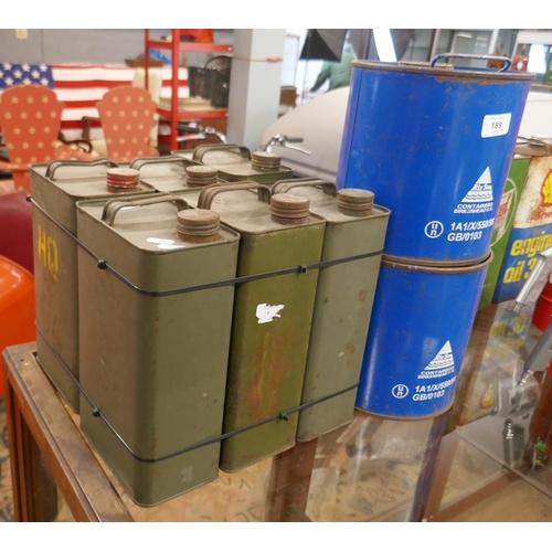 189 - 6 x ex military fuel cans together with 2 blue oil cans