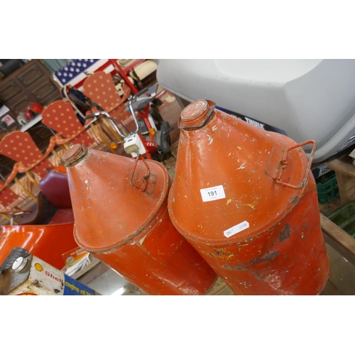 191 - 2 red circular petrol cans - AV GAS