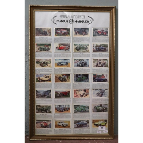 65 - Framed MG famous marques collectors cards together with a poster book