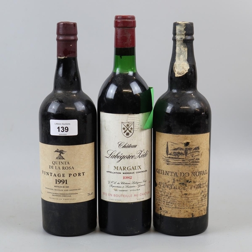 139 - 2 bottles of vintage port: Quinta de la Rosa 1991 & Quinta do Novel 1982 plus 1 bottle of Chatea... 