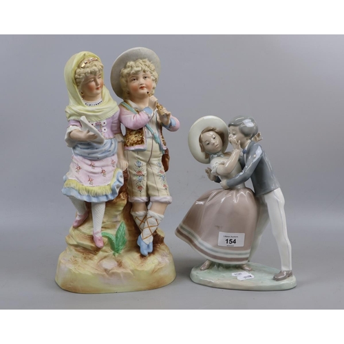 154 - Lladro figure of boy and girl together with Staffordshire style figure of boy and girl