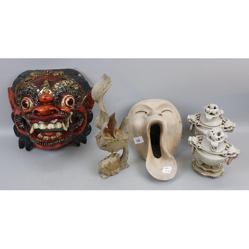 170 - 2 face masks together with a sculpture and incense burners