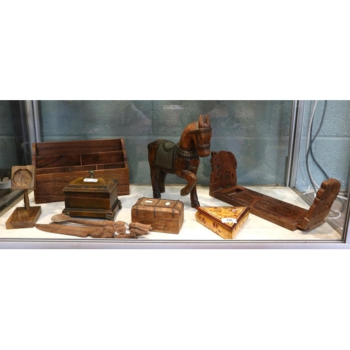 186 - Collection of decorative wooden items to include pocket watch stands etc