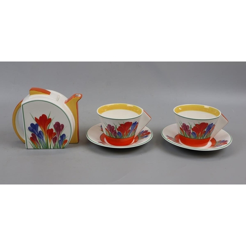 191 - Wedgwood Clarice Cliff design Tea for Two Crocus teapot together with 2 cups and saucers