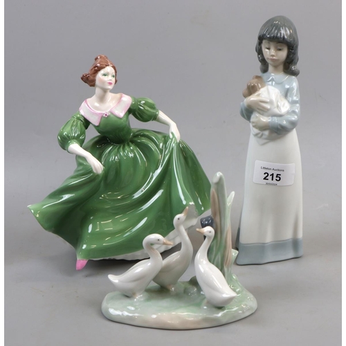 215 - 2 Nao figures together with a Coalport lady figure