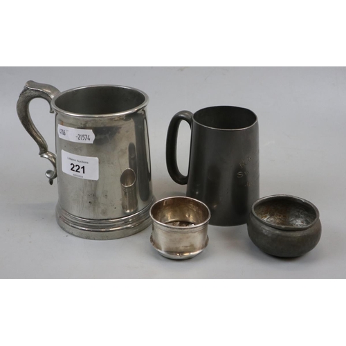 221 - 2 pewter tankards together with a small hallmarked silver cup