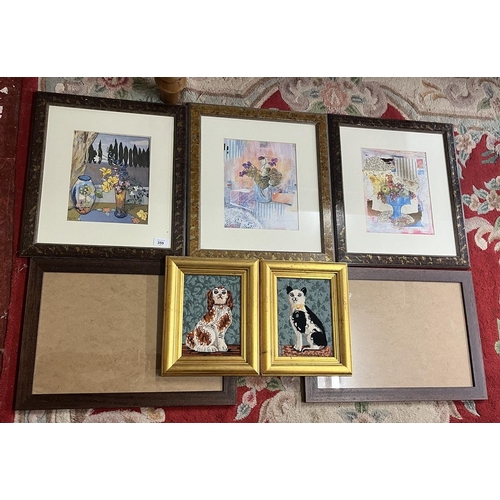 359 - Collection of pictures and frames together with 2 framed cross stich pictures