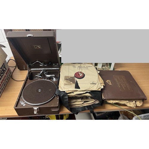 421 - Antique gramophone and quantity of records