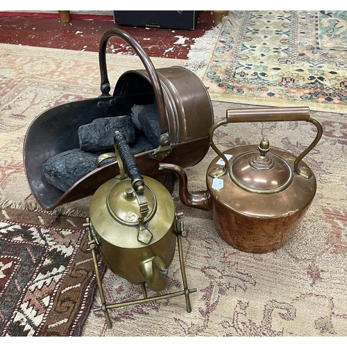 472 - Brass spirit kettle together with a copper kettle and coal scuttle