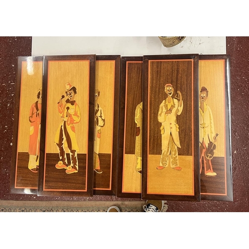 498 - Set of 6 Italian marquetry wooden pictures of clowns