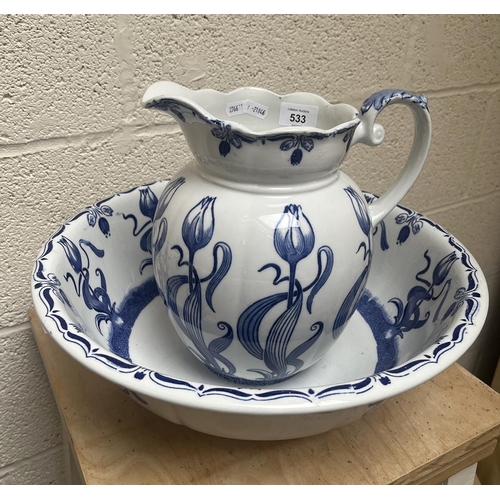 533 - Vintage Art Nouveau blue and white floral jug and washbowl set