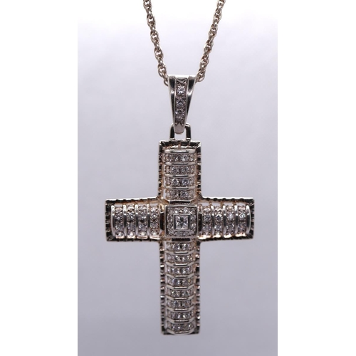 66 - Large silver stone set cross on silver chain