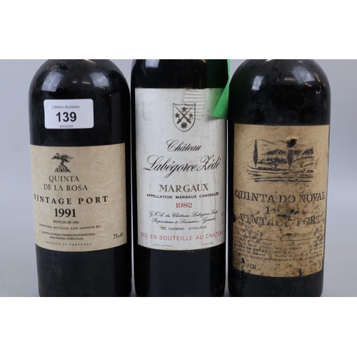 139 - 2 bottles of vintage port: Quinta de la Rosa 1991 & Quinta do Novel 1982 plus 1 bottle of Chatea... 