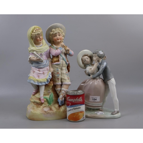 154 - Lladro figure of boy and girl together with Staffordshire style figure of boy and girl