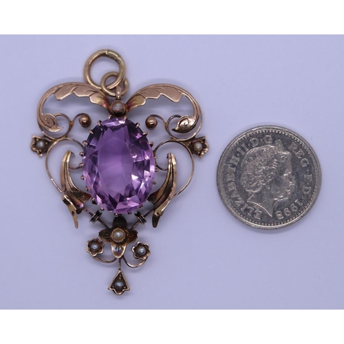41 - Antique 9ct gold amethyst & pearl set pendent