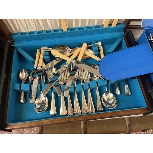 425 - Gas camping stove boxed cutlery, blow torch etc