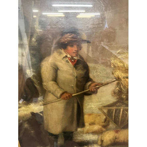 430 - Early 19th century oil - Shepherd and sheep in Snowy landscape - Approx image size: 62cm x 75cm