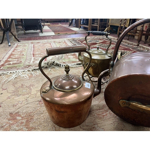 472 - Brass spirit kettle together with a copper kettle and coal scuttle