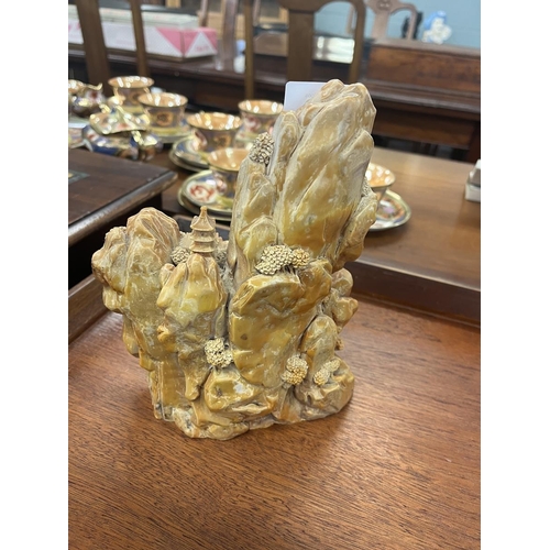 484 - Carved soap stone Oriental mountain scene