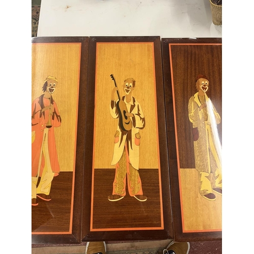 498 - Set of 6 Italian marquetry wooden pictures of clowns