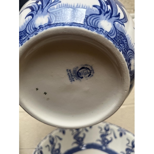 533 - Vintage Art Nouveau blue and white floral jug and washbowl set