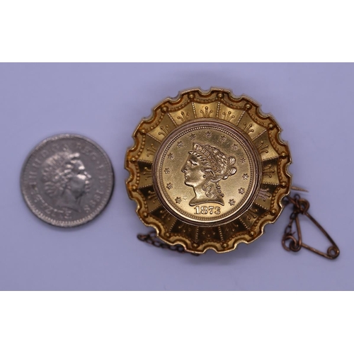 72 - Gold mourning brooch set with a 22ct $2.5 coin dated 1873 - Gross weight 12.2g
