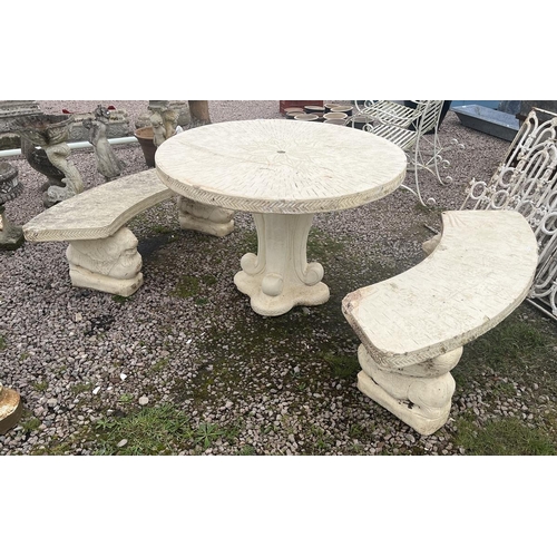 119 - Large circular stone table with 2 benches