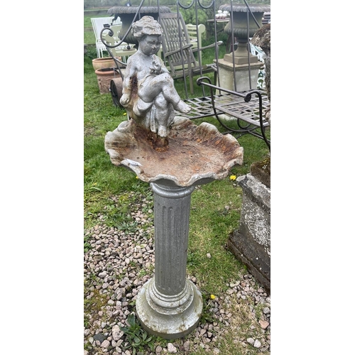 122 - Cast iron cherub themed birdbath