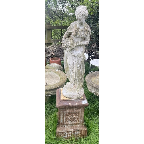 203 - Stone maiden figure on metal plinth - Approx height: 135cm