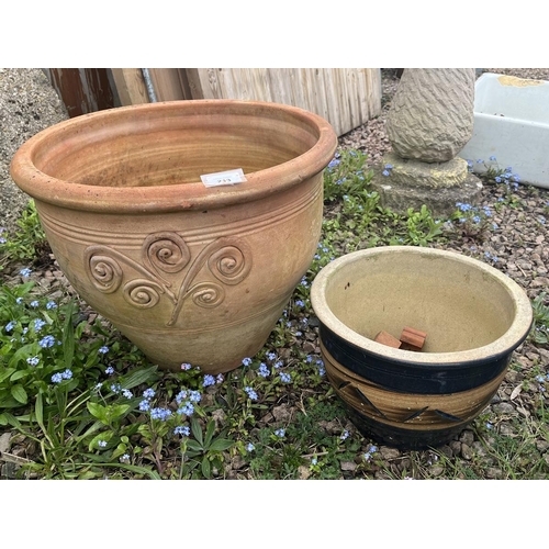 213 - Large circular terracotta pot and small glazed pot