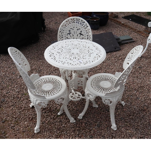 333 - White metal bistro table with 3 matching chairs