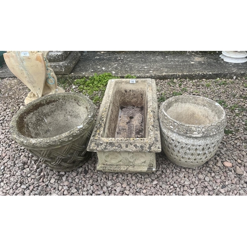 412 - Stone planter trough and 2 circular pots