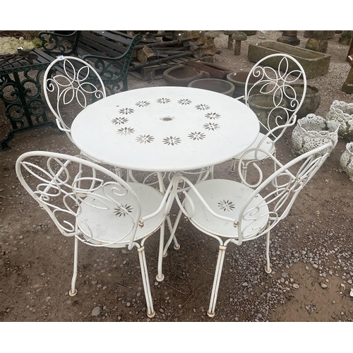 444 - White metal circular garden table and 4 chairs