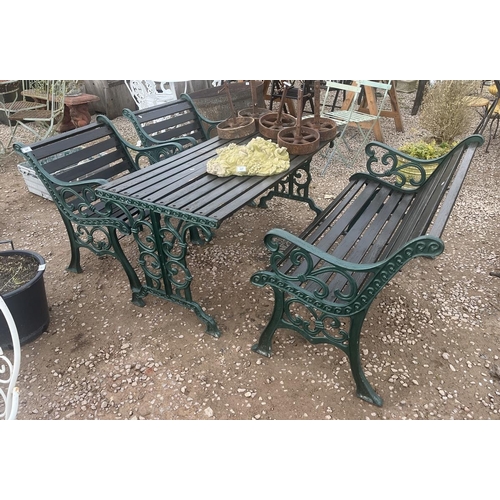 448 - Cast iron and timber table with matching bench and 2 chairs