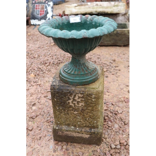 503 - Small cast iron pedestal planter on stone plinth