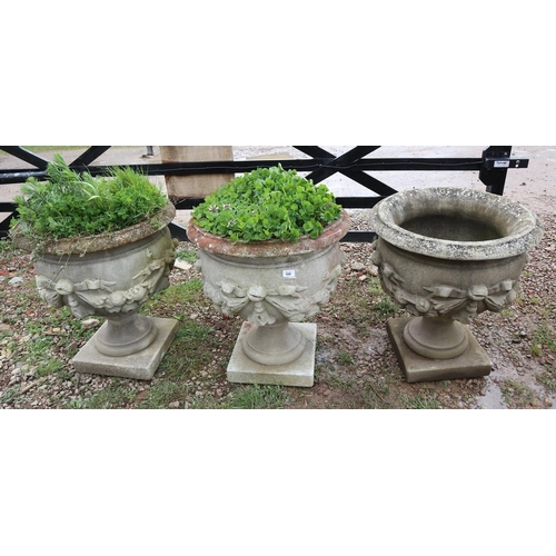 550 - Set of 3 large stone pedestal planters - Base of 1 A/F - Approx size: H 66cm D 58cm