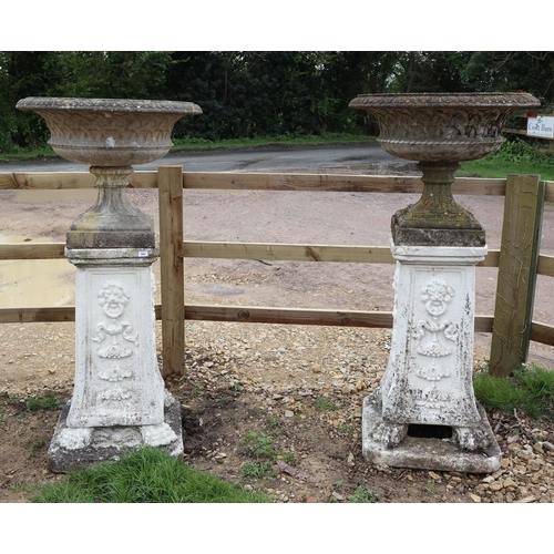 553 - Pair of large latticed urns on Gothic lion pawed plinths - Approx height: 153cm