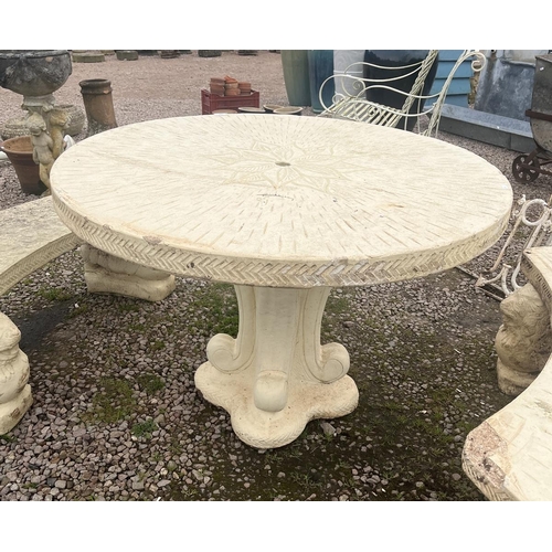 119 - Large circular stone table with 2 benches