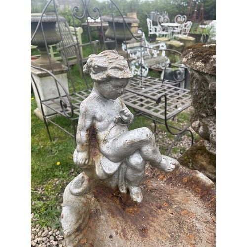 122 - Cast iron cherub themed birdbath