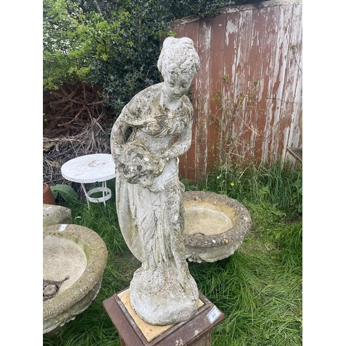 203 - Stone maiden figure on metal plinth - Approx height: 135cm