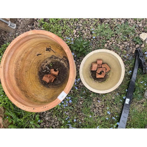 213 - Large circular terracotta pot and small glazed pot