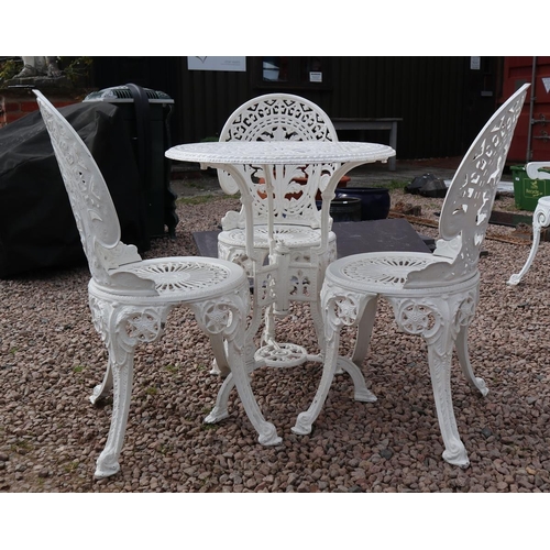 333 - White metal bistro table with 3 matching chairs