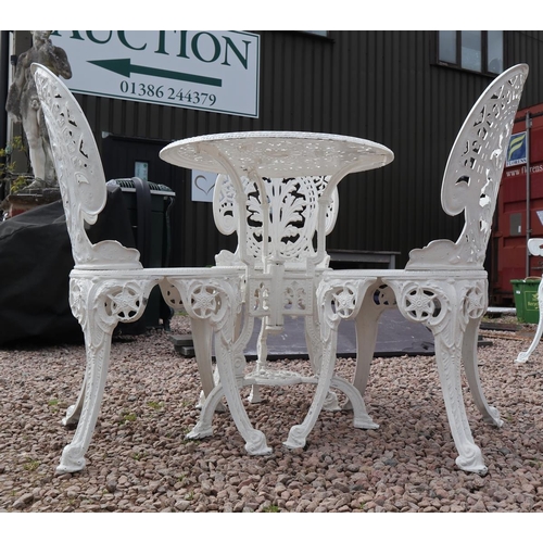 333 - White metal bistro table with 3 matching chairs