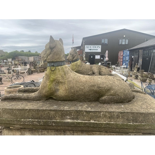 407 - Impressive pair of stone Kingsale Hounds on plinths.
These Great Danes are in the style of the favou... 