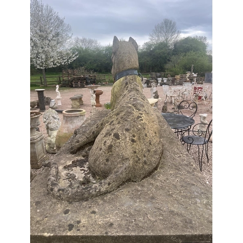 407 - Impressive pair of stone Kingsale Hounds on plinths.
These Great Danes are in the style of the favou... 