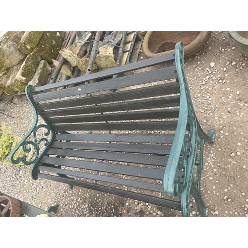 448 - Cast iron and timber table with matching bench and 2 chairs