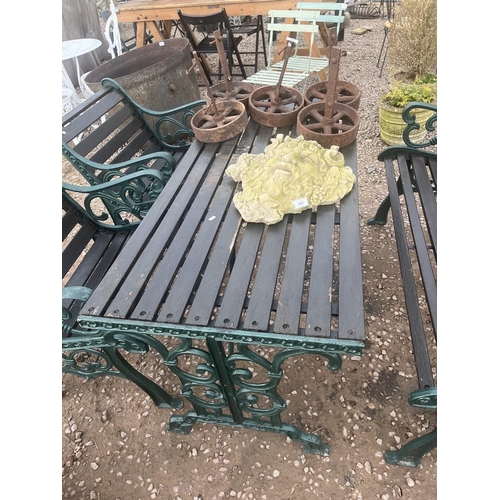 448 - Cast iron and timber table with matching bench and 2 chairs