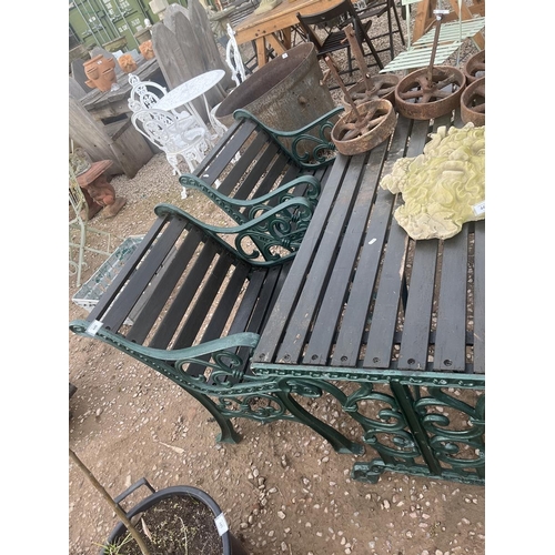 448 - Cast iron and timber table with matching bench and 2 chairs