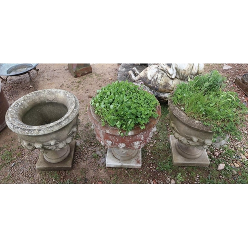 550 - Set of 3 large stone pedestal planters - Base of 1 A/F - Approx size: H 66cm D 58cm